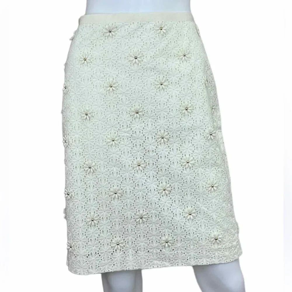 Talbots 6P Cream Eyelet Lace Studded Floral Elegant Knee-Length Pencil Skirt